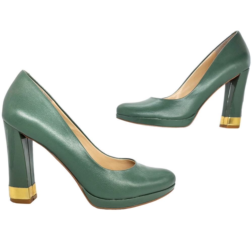 Aldo Heels 6 Jade Green Leather Shiny Gold Chunky Closed Almond Toe Evening Work